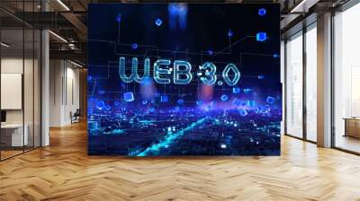 Web 3 - businessman working and touching with augmented virtual reality at night office. Wall mural