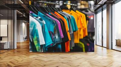 Vibrant Display of Men's Sports T-Shirts in an Athletic Wear Store. AI generated illustration Wall mural