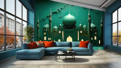 ramadhan background cutout paper masjid and lantern, green color Wall mural