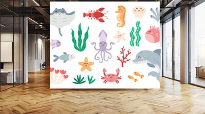 Set of cute marine animals in flat cartoon style. Sea life, ocean design elements for printing, poster, card. Wall mural