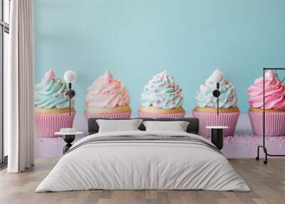 Pastel Frosted Cupcakes Lined up in a Row Against a Beautiful Pastel Gradient Background with Studio Lighting and Feminine, Whimsical Aesthetic - Generative AI Wall mural