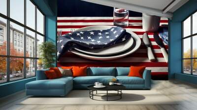 Patriotic American Holiday Themed Dinner Plate Setting and Tablescape- Flag Red, White, and Blue - Veterans Day, Memorial Day, and Fourth of July Concept - Generative AI Wall mural