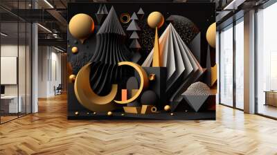 Surreal 3D Shapes on Matte Black Background, Abstract Realism Art in Dark Colors - Generative AI Wall mural