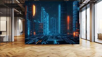 Cyberpunk Cityscape with Neon Lights Wall mural