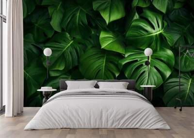 tropical leaves background top view, closeup nature view of green leaves background. Generative AI Wall mural