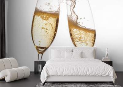 two elegant champagne flutes filled with sparkling champagne, with a steady stream of bubbles, again Wall mural