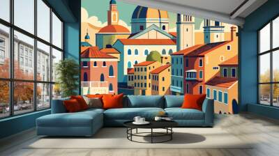 Scenery of the old city of Venice. Ancient buildings, St. Mary's Cathedral and a water channel. Wall mural