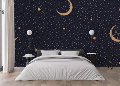 minimalistic seamless abstract pattern with starry sky and moon on a dark background Wall mural