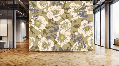 Seamless vector pattern with anemones and branches Wall mural