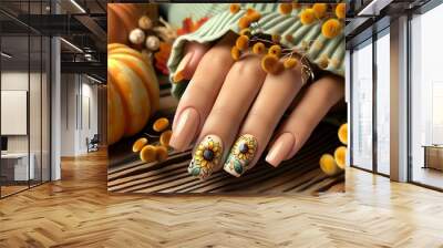  a hand with detailed nail art, resting on a wooden surface surrounded by autumnal decorations including a pumpkin and dried flowers. Wall mural