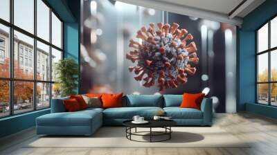 A 3d model of a virus particle floating in a dark environment with a blurred background highlighting its intricate structure and details Wall mural