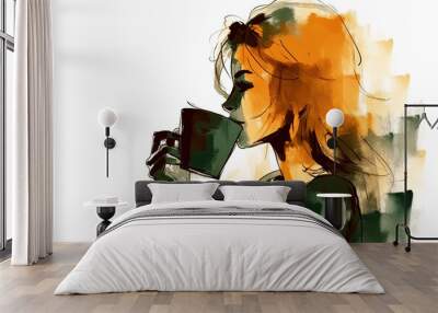 A beautiful young woman is drinking hot coffee or tea in the morning. Watercolor Generative AI illustration. Wall mural