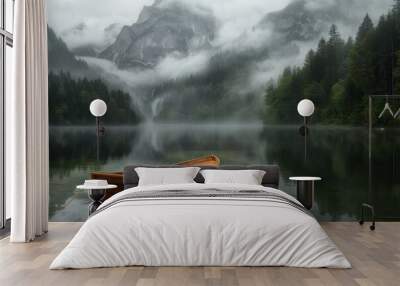 A boat floats peacefully on a serene lake with mountains behind Wall mural