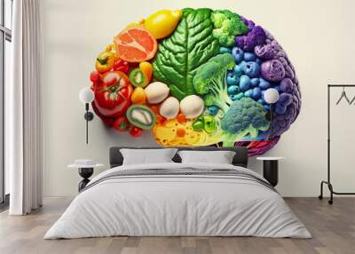 A brain made of fresh fruits and vegetables highlighted on a white background. Generative AI Wall mural