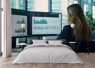 A business woman sits at her desk in an office, using two monitors to view and display graphs and data analytics on both screens, creating charts for company performance. Wall mural