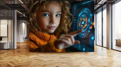 A child using a touchscreen interface to build a secure digital profile, with colorful infographics and animated safety icons guiding the process. Wall mural