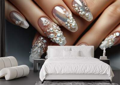 A close-up of a hand with elaborately decorated nails featuring pearls, glitter, and floral designs.

 Wall mural