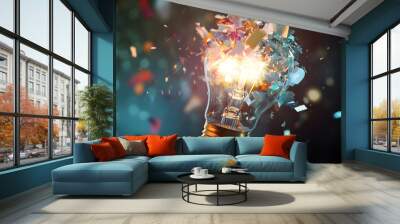 A conceptual image of a lightbulb shattering into shards with bright sparks and colorful fragments creating a dynamic visual energy Wall mural