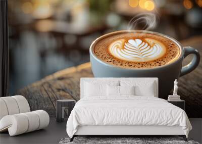 A cup of coffee with latte art on a wooden table in a cafe background Wall mural