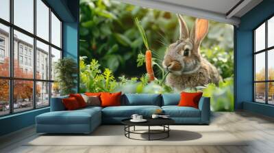 A cute rabbit is happily eating a bright orange carrot in the grass Wall mural