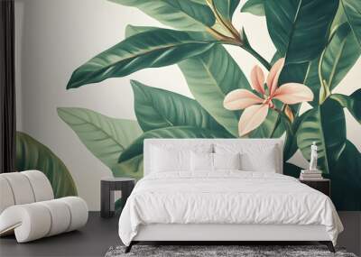 A detailed image of a green botanical print showcasing lush leaves and a pink flower on a soft background Wall mural