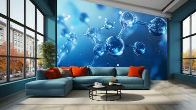 A detailed macro shot captures the intricate structure of molecules and atoms, showcasing their beauty and complexity in a serene blue environment Wall mural