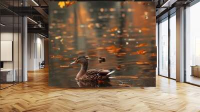 A duck and ducklings swim in a lake with autumn leaves Wall mural