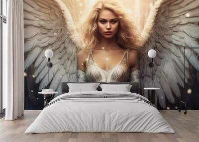 A fantasy angel woman with huge white wings in a magical heavenly light. Generative AI illustration Wall mural