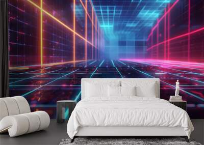 
A futuristic neon-lit corridor, vibrant colors and dynamic lines create depth, evoking a sense of motion and futurism Wall mural