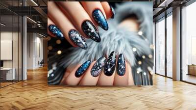 A hand with elaborately decorated nails featuring a galaxy theme with stars and constellations against a backdrop of soft feathers and twinkling lights.

 Wall mural