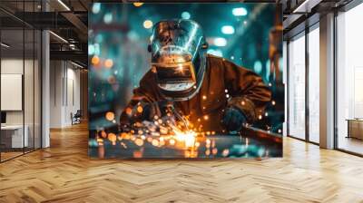 A man in a welding helmet is welding metal in a factory Wall mural