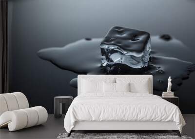 A melting ice cube slowly drips on a dark reflective surface creating a serene and tranquil scene Wall mural