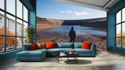 A person standing in front of a dried-up dam reflects on the cracked earth and low water levels under a clear blue sky Wall mural