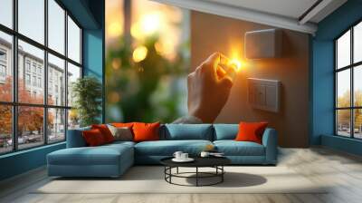 A person turning off a light switch to conserve energy, with natural sunlight flooding the room. Wall mural