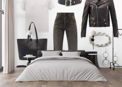 A set of fashionable clothes and accessories on a white background Wall mural