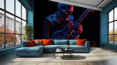 A skeleton rocker or punk plays bass guitar. Neon Generative AI illustration. Wall mural