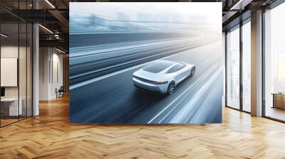 A sleek autonomous car driving smoothly on a futuristic highway with a blurred motion effect conveying speed and innovation Wall mural