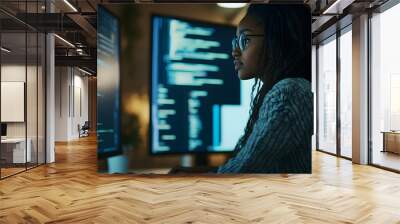 A young black female software engineer focused on coding at her dual monitor setup, immersed in her work and surrounded by digital data Wall mural