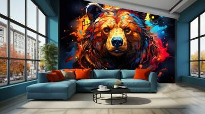 Abstract, multicolored neon portrait of a bear looking forward, in the style of pop art on a black background. Wall mural