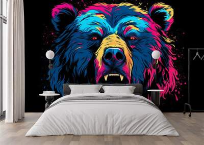 Abstract neon portrait of a bear's head, a grizzly in the style of pop art highlighted on a black background. Generative AI illustration Wall mural