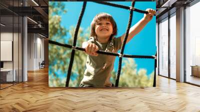 A child climbs up an alpine grid in a park on a playground on a hot summer day. children's playground in a public park, entertainment and recreation for children, mountaineering training. Wall mural