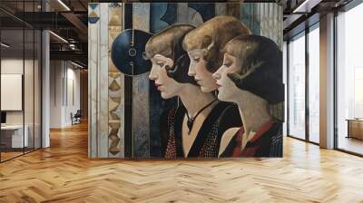 An Art Deco painting of three flapper girls, all with sleek bob hairstyles and wearing black dresses adorned with geometric patterns. The background is an elegant art deco setting with symmetry. Wall mural