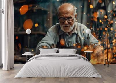 An elderly man skillfully works on metal in a busy workshop Wall mural