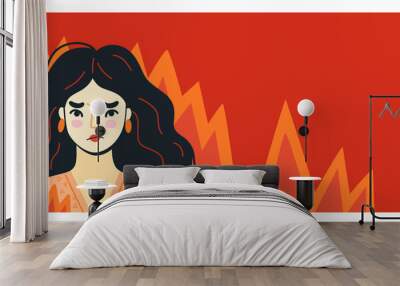 Angry furious woman surrounded by fire. Overworked person on the verge of psychological breakdown. Uncontrollable anger concept. Vector hand-drawn illustration Wall mural