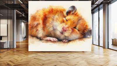 Artistic watercolor illustration of a hamster sleeping peacefully in its cozy nest hamster illustration, hamster watercolor illustration! Wall mural