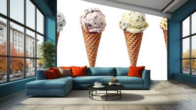 assorted ice cream cones with different flavors on waffle cones, featuring mint, vanilla, strawberry, gum, and pistachio, with chocolate chip isolated on a transparent background Wall mural