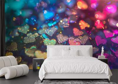 Background of glittering bokeh and shapes of hearts in rainbow colors Wall mural