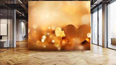 Background of glittering golden bokeh and shapes of hearts Wall mural