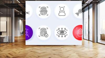 Biometric security set icon. Eye scan, voice recognition, fingerprint, facial recognition, DNA, hand scan, body, profile, fingerprint authentication, security check, heart rate monitor. Identification Wall mural