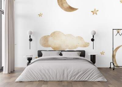 Seamless pattern moon in clouds and stars. Watercolor illustration in children's style for printing on textiles, fabrics, clothes, packaging, wallpaper, dishes  Wall mural